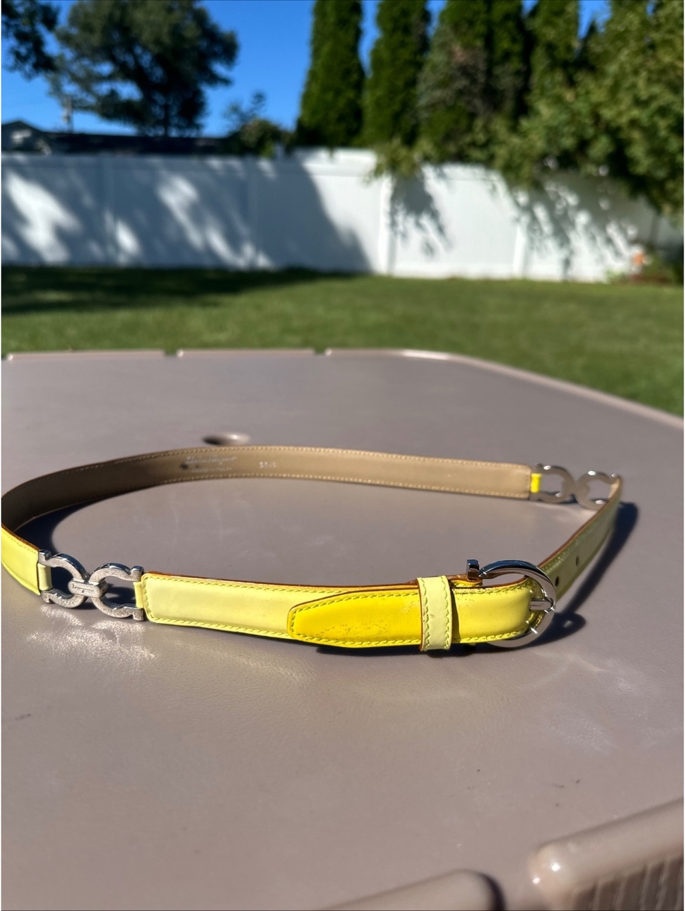 Salvatore Ferragamo Gancini Station Belt Size 75 Yellow Leather Silver Womens